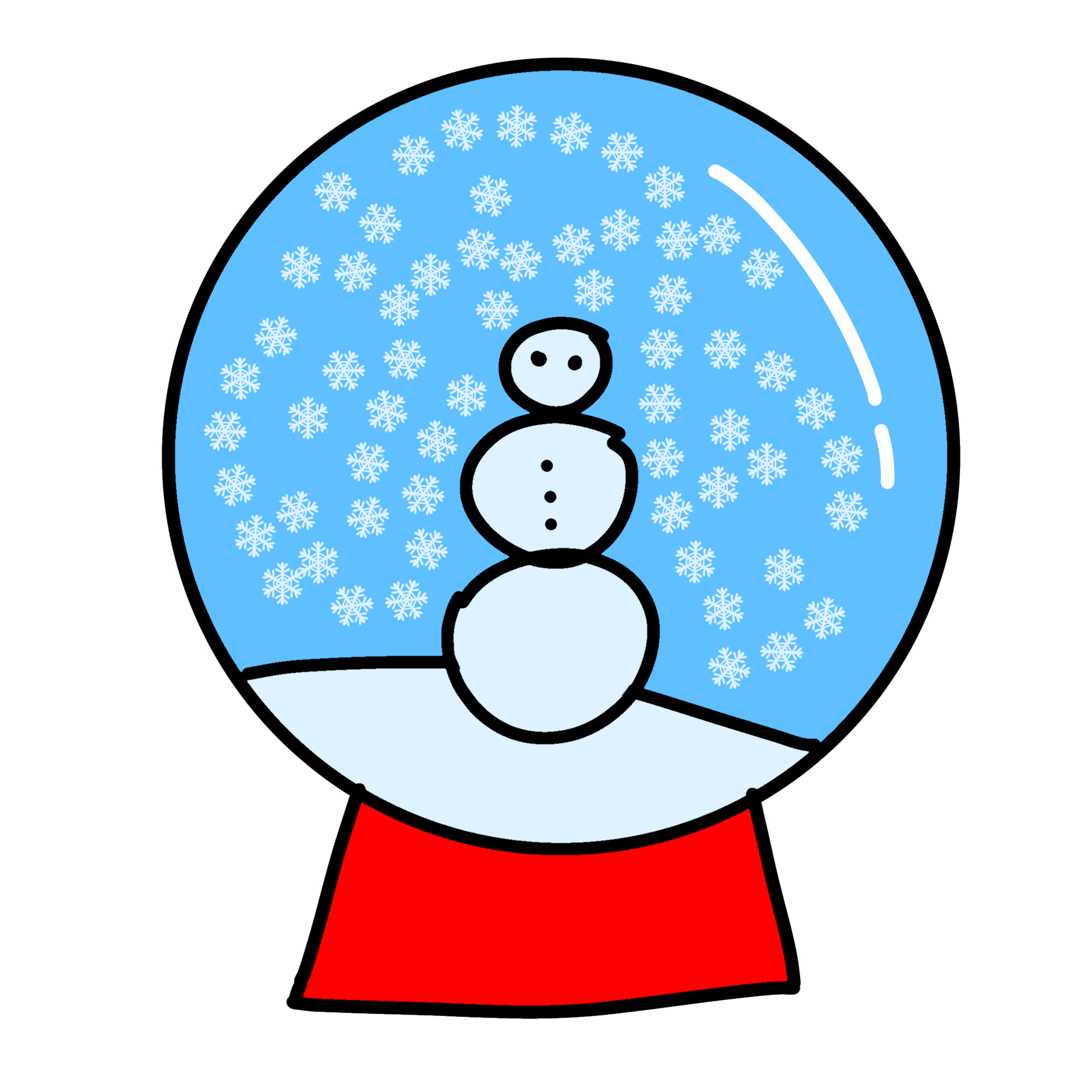 a blue snow globe with a red base, inside there is white ground, a white snowman, and some snowflakes